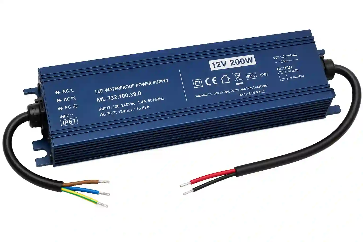 Voděodolný LED napájecí zdroj McLED 12V 200W 16,7A IP67 SLIM s hliníkovým pouzdrem pro exteriér a interiér
